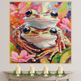 Colorful Frog Couple with Flowers Whimsical Nature Artwork for Animal Lovers and Bright Cheerful Home Decor on Ready to Hang 1.5" Thick Canvas Wrap, Floating Framed Canvas, Flat Rolled Canvas